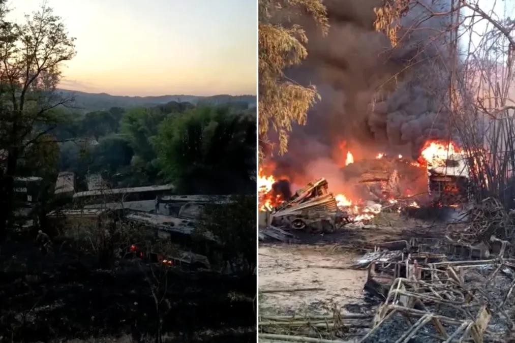 MG: incêndio atinge mata e ferro-velho de ônibus em Vespasiano