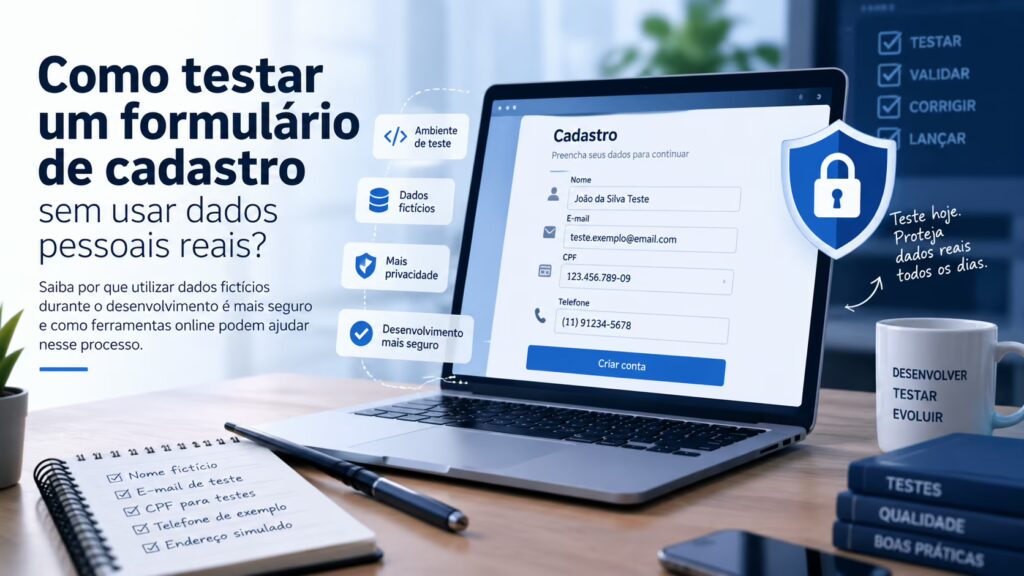 Desenvolvedor testando formulário de cadastro com dados fictícios para evitar o uso de informações pessoais reais.