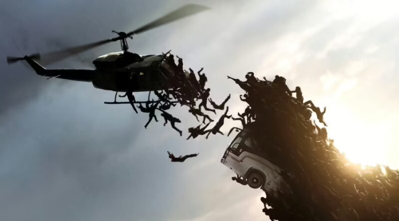 Brad Pitt como Gerry Lane em Guerra Mundial Z, filme de ação sobre uma pandemia zumbi que ameaça a humanidade.