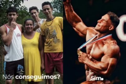 Fisiculturista acreano Ramon Dino exibindo o troféu do Mr. Olympia no palco de Las Vegas ao lado de imagem do seu início de carreira.