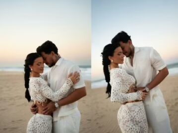 Felipe Amorim e Duda Kropf realizam pré-wedding com “festa do branco” à beira-mar; veja fotos