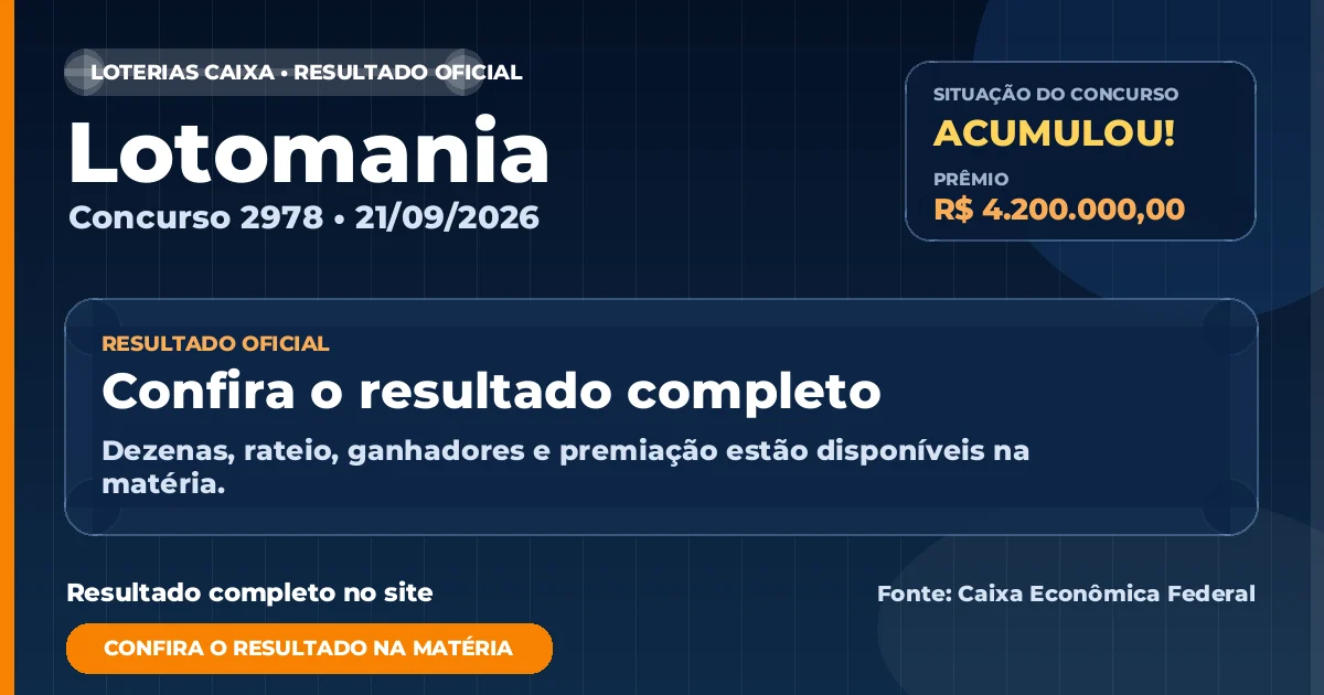 Resultado da Lotomania de hoje, concurso 2978