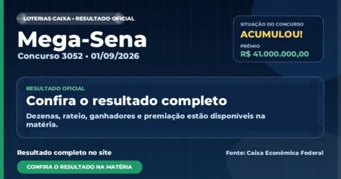 Veja o resultado da Mega-Sena de hoje: concurso 3052 acumula