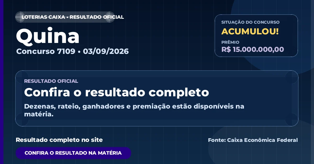 Resultado da Quina de hoje, concurso 7109