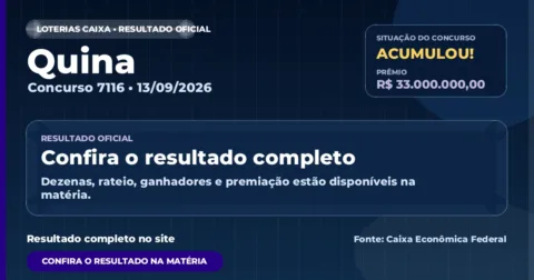 Resultado da Quina de hoje: prêmio acumula em R$ 33 milhões